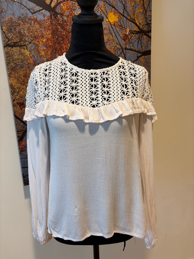 Lulu's White Crochet Yoke Ruffle Top